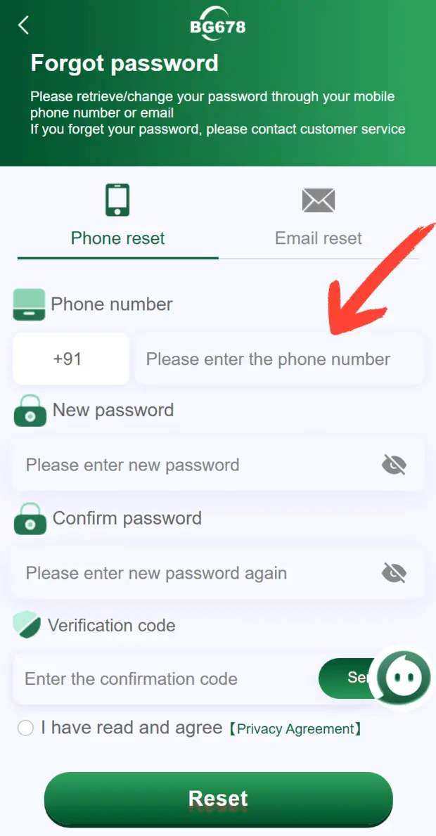 BG678 Game password reset screen with verification fields